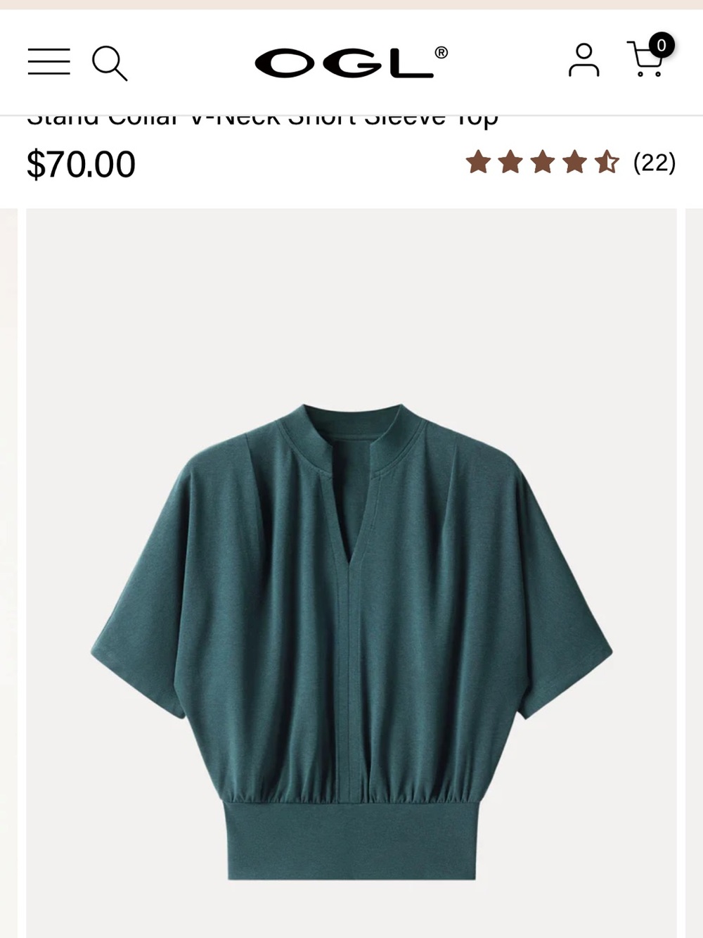 OGL Teal Short-Sleeve Stand-Collar V-Neck Top
